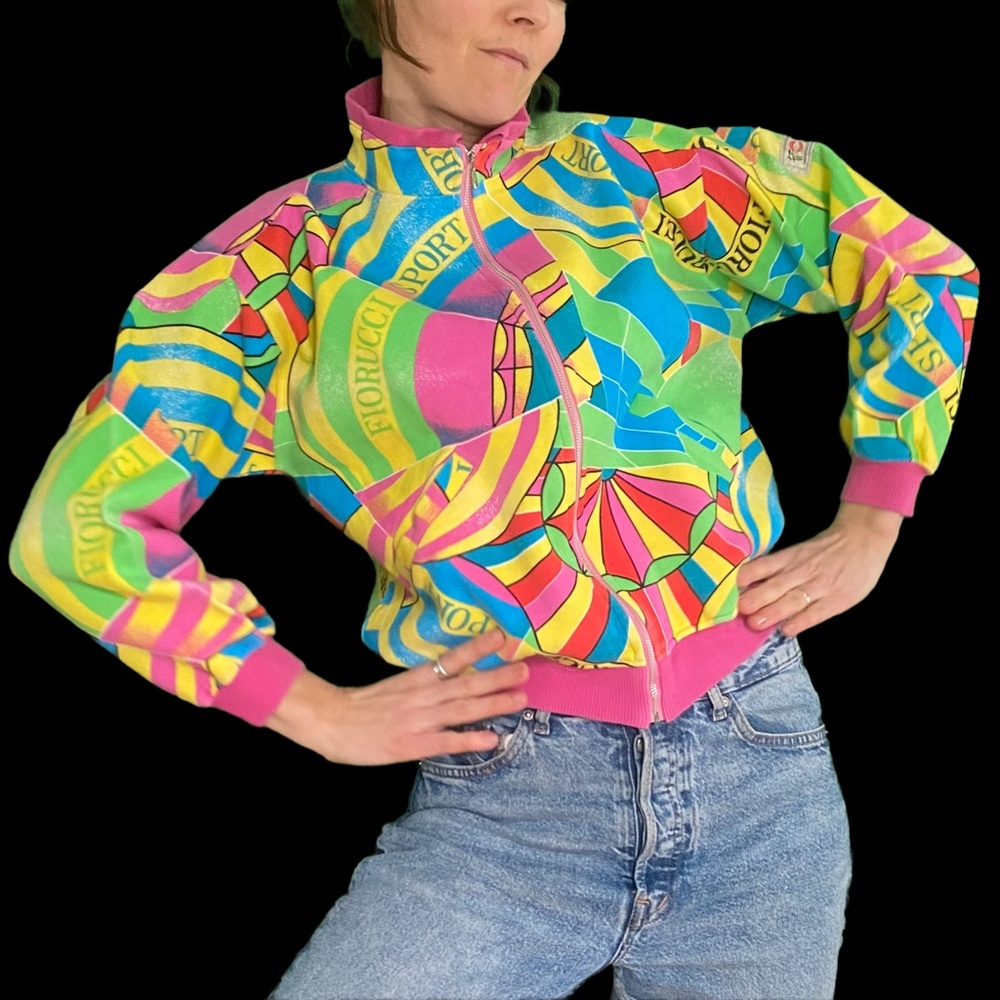 Vintage 90a Fiorucci Sports Multicolor Zip-Up Bomber Jacket pink Made in Japan